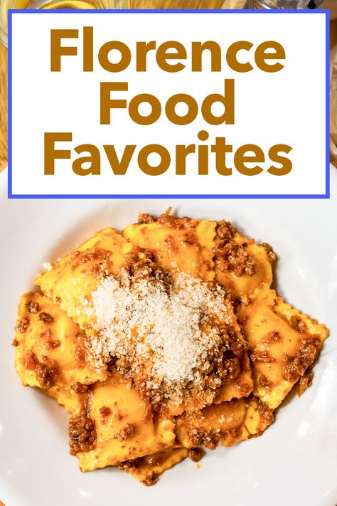 Pinterest image: photo of pasta with caption reading "Florence Food Favorites" Foods In Italy, What To Buy In Florence Italy, Food In Florence Italy, Restaurants In Florence Italy, Florence Italy Food, Naples Pizza, Florence Restaurants, Bologna Food, Venice Food