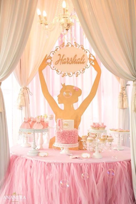 Ballerina dessert table from an Elegant Ballerina Birthday Party on Kara's Party Ideas | KarasPartyIdeas.com (17) Dance Themed Birthday Party, Ballerina Party Theme, Ballerina Birthday Party Decorations, Ballerina Party Decorations, Ballerina Birthday Party, Dessert Stands, Birthday Elegant, Chandelier Cake, Ballet Birthday Party