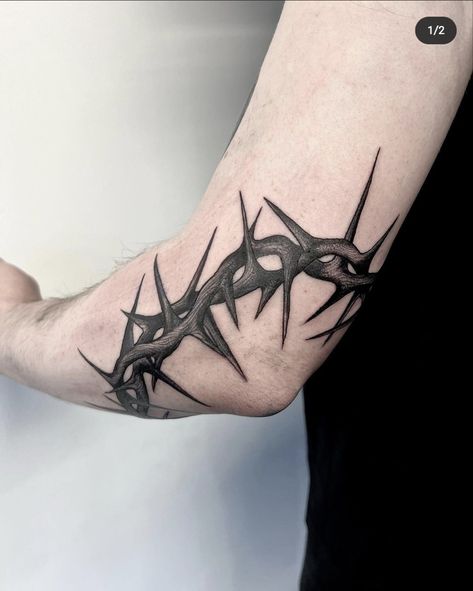 Crown Of Thorns Elbow Tattoo, Crown Of Thorns Tattoo, Thorn Design, Religious Tattoo Sleeves, Religous Tattoo, Thorns Tattoo, Thorn Tattoo, The Crown Of Thorns, Biblical Tattoos