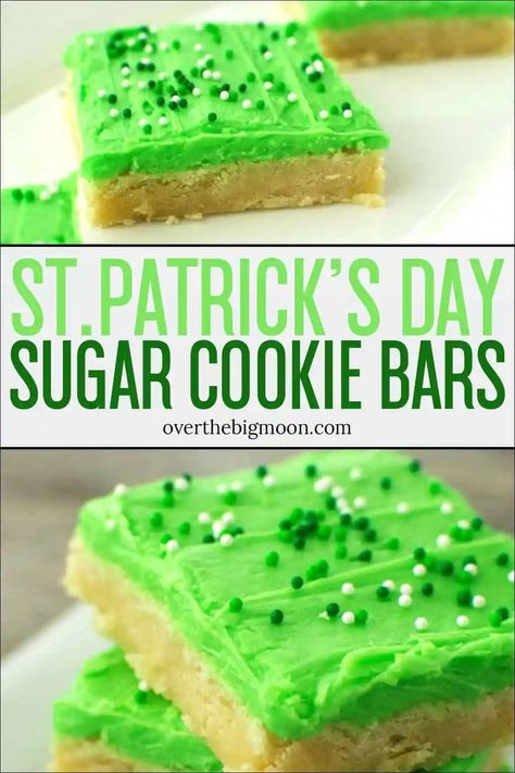 These St.Patrick's Day Sugar Cookie Bars are the perfect treat to help celebrate St.Patrick's Day! The sugar cookie bar is so delicious and has the best texture! From overthebigmoon.com #sugarcookie #sugarcookiebar #greenfood #stpatricksdayfood #stpatricksdaytreat #greencookie St Patrick's Day Baked Goods, St Patricks Day Bake Sale, Baking Molds Ideas, St Patrick’s Day Dessert Recipes, St Patricks Day Deserts, St Patrick’s Day Treats, March Treats, St Patrick’s Day Desserts, St Patrick Day Cookies