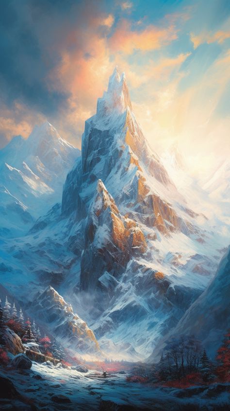 Free Download: a fantasy mountain covered in snow Fantasy Ice Mountain, Snow Mountain Fantasy Art, Tundra Fantasy Art, Fantasy Snowy Mountains, Fantasy Mountain Art, Fantasy Mountain City, Snow Fantasy Art, Fantasy Snow Landscape, Mountain Fantasy Art