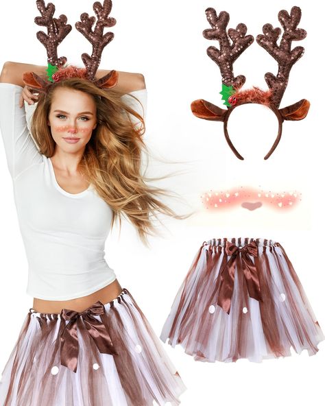 PRICES MAY VARY. Nylon Hand Wash Only Attractive Accessories: the package includes 1 piece of headband adult, 1 piece of brown tutu skirt and 1 piece of face temporary tattoo, proper for your cosplay in Christmas party and making you become the focus in the crowd Easily Wear and Take off: the deer antlers headband measures approx. 13.39 x 9.45 inches, suitable for most people to wear, besides the adjustable designs make it easy to wear and take off without making your head too tight Long Time Service: the deer headband with bell is made of fabric cloth, sequin and alloy bells, reliable and sturdy to apply, comfortable to wear, besides the face temporary tattoos are made of water film paper, can last for about 3 to 5 days Applicable Occasions: these girls Halloween Christmas costumes are id Sven Costume Womens, Womens Deer Costume Outfit, Reindeer Costume Diy, Sven Costume, Antlers Headband, Deer Headband, Deer Antlers Headband, Deer Outfit, Reindeer Costume