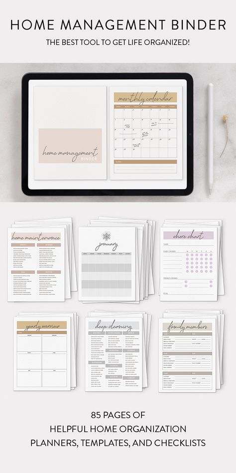 Printable and digital home organization binder, 85 pages of home management prints Home Binder Ideas, Home Management Planner, Home Planner Ideas, House Binder Organization, Home Organization Printables, Household Management Binder, Life Management Binder, Home Organization Binders, Binder Templates