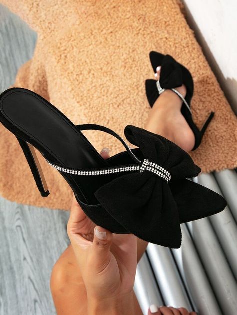 Suedette Rhinestone & Bow Decor Mule Sandals | SHEIN Cute Heels Classy, Stylish Shoes Heels, High Hill Shoes, Elegant Shoes Heels, Black Glitter Heels, Mules Women, Fashion Shoes Heels, Pretty Shoes Sneakers, Shoes Heels Classy