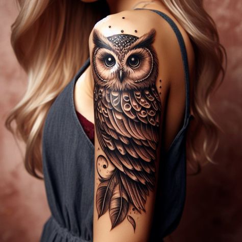 Elegant and unique owl tattoos that will inspire your next piece. Check out these beautiful designs! #tattoo_art #tattoo_sketch #tattoo #tattoo_for_woman #tattoo_ideas #tattoo_for_man Women’s Owl Tattoo, Elegant Owl Tattoo, Ornamental Owl Tattoo, Owl Tattoos For Women Unique, Owl Shoulder Tattoo, Owl Sleeve Tattoo, Owl Tattoo For Women Unique, Great Horned Owl Tattoo, Owl Tattoo For Women