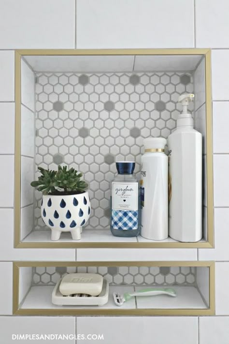 15 Stylish Shower Niche Ideas - Hey There, Home Shower Tile Trim, Tile Trim Ideas, Niches Ideas, Niche Shelves, Wall Niches, Tile Shower Niche, Bathroom Organization Ideas, Bathroom Niche, Guest Bathroom Remodel