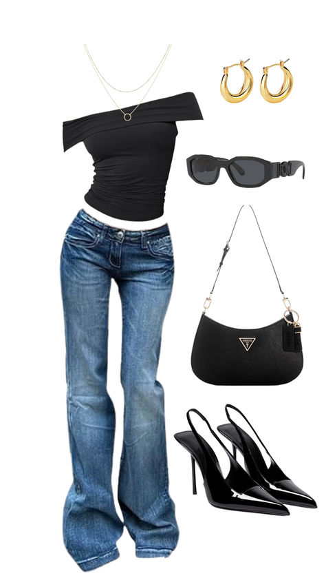 An outfit featuring a black asymmetrical top, flared jeans, black heels, a black Guess handbag, gold hoop earrings, layered necklaces, and stylish sunglasses. Flare Jeans And Heels Outfit, Black Top And Jeans Outfit Classy, Elegant Outfit Classy Rich Summer, Asymmetrical Top Outfit Classy, Rich Girl Summer, Flared Jeans Outfit Summer, Asymmetrical Top Outfit, Black Jeans Outfit Summer, Everyday Chic Outfits