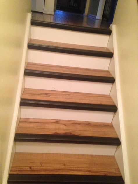 Contrast #stair nosing makes #steps safer and looks stylish. Which contrasting color would you choose? (Photo by a real Koffler customer!) Diy Stair Treads, Vinyl Stair Treads, Stairs Edge, Wood Stair Treads, Vinyl Stairs, Stairs Renovation, Stair Makeover, White Stairs, Stairs Makeover