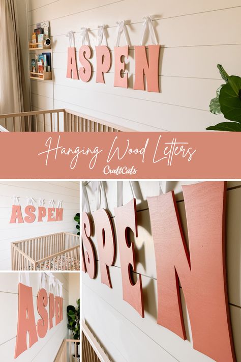 Hanging Letters With Ribbon, Wooden Alphabet Letters Decoration, Diy Wall Name Letters, Wooden Letter Name Ideas Wall Decor, Diy Bedroom Name Sign, Diy Wood Letters Paint Ideas, Diy Letters For Wall, Name On Wall In Nursery, Decorating Wooden Letters