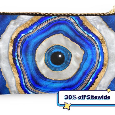 Vibrant double-sided prints on polyester canvas pouch. Fully lined for durability. Available in 3 sizes. Perfect to use as a coin purse, clutch, pencil case, or toiletries bag. Evil Eye Watercolor agate and gold Evil Eye Pictures Beautiful, Evil Eye Resin Art, Evil Eye Watercolor, Greece Project, Evil Eye Painting, Resin Evil Eye, Evil Eye Art, Eye Blanket, Funny Earrings