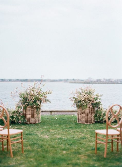 Cottage Wedding Ceremony, Beach Wedding Chair Decor, Flower Pots Wedding Ceremony, Basket Florals Wedding, Flowers In Baskets Wedding, Baskets Of Flowers Wedding, Simple Ceremony Flowers, Basket Wedding Flowers, Nantucket Photography