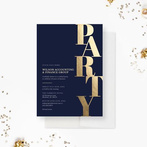 It’s your company’s anniversary! Celebrate the success and milestone of your business with this elegant invitation card. This invitation card is a perfect way to invite guests to join in on the celebration of the momentous occasion. This invitation is elegantly designed with gold typography on a sleek navy blue background. The card reads: Party (This text can be edited to suit your event. Keep in mind that the main title must be short for best results.) Please note the gold is not real. It is di Company Invitation Card Design, Business Invitation Card Design, Company Party Invitation Design, Company Anniversary Poster, Gala Invitation Design, Corporate Event Invitation, Corporate Dinner Invitation Design, Corporate Party Invitation Design, Gala Night Invitation