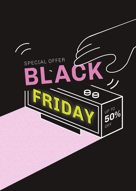 Black Friday vector 50% off digital clock promotional poster | free image by rawpixel.com / pangrum Black Friday Illustration, Black Friday Graphic, Black Friday Advertising, Sale Announcement, Black Friday Email, Black Friday Campaign, White Friday, Black Friday Promo, Black Friday Poster