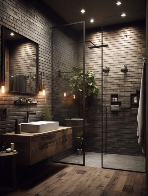 Mountain Modern Bathroom, Exposed Brick Bathroom, Brick Bathroom, Industrial Style Bedroom, Farm Entrance, Dekorere Bad, Industri Modern, Safari Outfit, Bathroom Makeovers