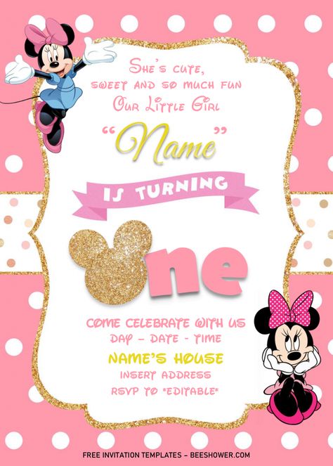 Gold Glitter Minnie Mouse Birthday Invitation Templates – Editable .Docx | FREE Printable Baby Shower Invitations Templates Baby Birthday Invitation Card, Minnie Invitations, Minnie Mouse First Birthday, 1st Birthday Invitation Template, Minnie Mouse Birthday Invitations, Minnie Mouse Invitations, Birthday Invitation Card Template, Baby Birthday Invitations, Minnie Mouse 1st Birthday