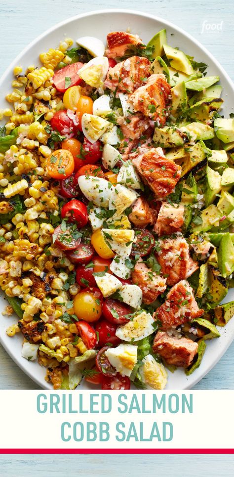 Recipe of the Day: Grilled Salmon Cobb Salad ✨ This spin on a classic Cobb salad hits all the right notes for summer: juicy tomatoes and ripe avocado, of course, with the additions of fresh corn and rich salmon. The other twist? Just about all the components are grilled — even the lettuce! Salmon Cobb Salad, Grilled Salmon Salad, Classic Cobb Salad, Cobb Salad Recipe, Grilled Avocado, Beautiful Salad, Avocado Salad Recipes, Salmon Avocado, Salmon Salad