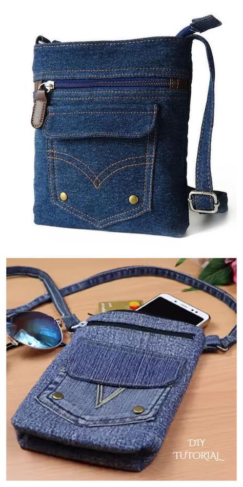 DIY Recycled Jean Cross Body Bag Free Sewing Patterns + Video | Fabric Art DIY Återvinna Jeans, Fabric Art Diy, Tas Denim, Blue Jean Purses, Cross Body Bag Pattern, Recycled Jeans Bag, Desain Tote Bag, Projek Menjahit, Denim Bag Diy