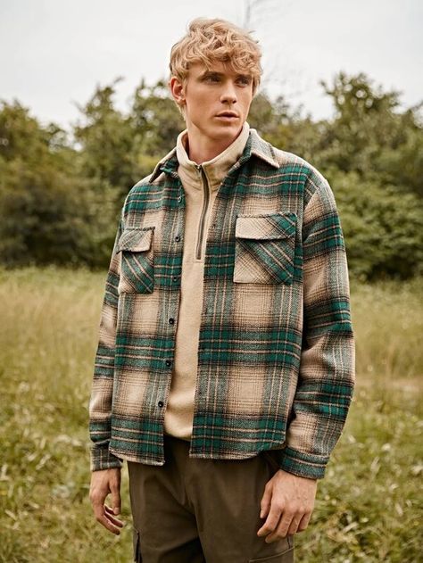 Men Plaid Flap Pocket Overcoat | SHEIN USA Plaid Jacket Outfit, Flannel Outfits Fall, Flannel Outfits Men, Flannel Shirt Outfit, Plaid Shirt Outfits, Overcoat Men, Shirt Outfit Men, Flannel Outfits, Plaid Shirt Men