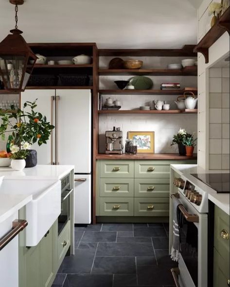 greens and browns w/ grays https://www.hunker.com/ Green Kitchen Cabinets, Green Cabinets, Grey Flooring, Kitchen Cabinet Colors, Decor Minimalist, Green Kitchen, Cabinet Colors, Counter Tops, Black Kitchens