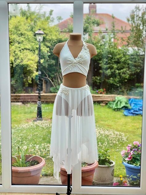 Lyrical Outfits Dance, Two Piece Contemporary Costumes, Angel Lyrical Costume, White Dance Dress Contemporary, Senior Lyrical Dance Costume, Flowy Lyrical Dance Costumes, Lyric Dance Costumes, Lyrical Dance Practice Outfits, Lyrical Duo Costumes