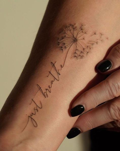 Flower Scroll Tattoo, Just Breathe With Dandelion Tattoo, Dandelion Arm Tattoos For Women, Wrist Dandelion Tattoo, Just Breathe Finger Tattoo, Let Them Tattoo With Dandelion, Just Breathe Wrist Tattoos For Women, Wishie Tattoo, I Got This Tattoo