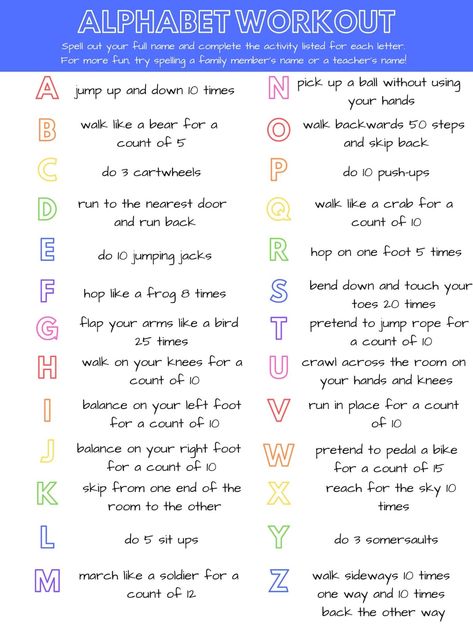 Alphabet workout for kids Letter Exercises Alphabet, Alphabet Movement Activities, Dance Activities For Preschool, Pe Activities For Kindergarten, Alphabet Exercise, Alphabet Workout, Abc Workout, Workout For Kids, Physical Education Curriculum