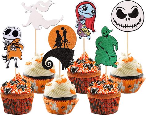 24 PCS Jack Skellington Halloween Cupcake Toppers Glitter Skull Ghost Jack and Sally Cupcake Picks for Nightmare Before Christmas Theme Wedding Anniversary Birthday Party Cake Decorations Supplies Sally Birthday Party, Nightmare Before Christmas Cupcake, Nightmare Before Christmas Cupcakes, Mini Christmas Tree Diy, Diy Nightmare Before Christmas, Swedish Christmas Decorations, Christmas Theme Wedding, Nightmare Before Christmas Theme, Jack Skellington Head