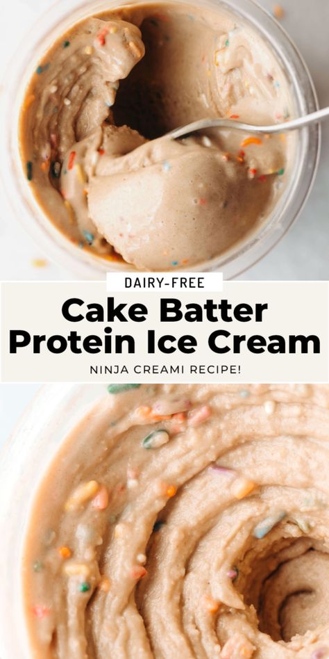 Dairy-Free Cake Batter Ninja Creami Protein Ice Cream Creami Protein Ice Cream, Cake Batter Protein, Ninja Ice Cream Recipe, Protein Ice Cream Recipe, Protein Ice Cream Recipes, Dairy Free Protein, Vegan Ice Cream Recipe, Dairy Free Cake, Easy Vegan Dessert