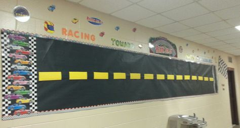 Racing Toward Perfect Attendance Bulletin Board Scoreboard Bulletin Board Ideas, Race Track Bulletin Board, Racetrack Bulletin Board, Perfect Attendance Ideas, Perfect Attendance Bulletin Board, Attendance Bulletin Board, Attendance Display, Attendance Board Ideas, Attendance Ideas