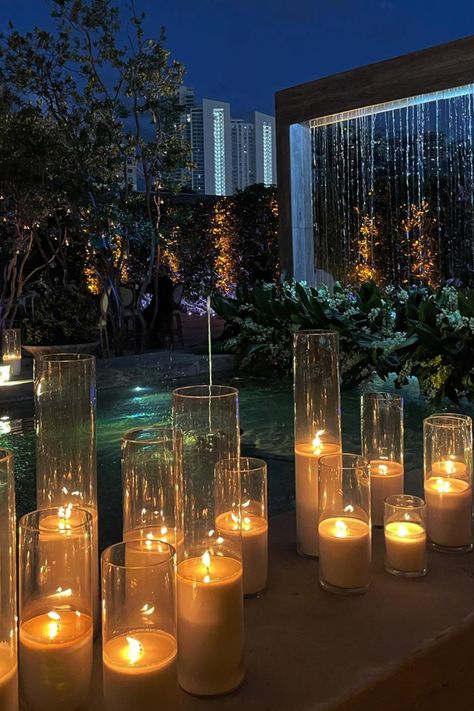 The Scared Place Miami | Andres + Indira | Lennox & Grace Candle Co. | Stunning candlelight along the pond in Miami. Discover event styling party decor, event styling stage, and event styling aesthetic. Make an inquiry with Andrea, the owner of Lennox & Grace Candles Co., at www.lennoxandgracecandles.com Diwali Party Aesthetic, Balcony Candles, Floor Candles, Candlelight Aesthetic, Candle Making Party, Styling Aesthetic, Restaurant Atmosphere, Restaurant Candles, Weddings Decorations Elegant Romantic