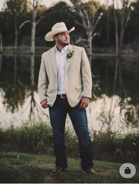 Cowboy Husband Wedding, Rustic Men Wedding Attire, Country Men Outfits Wedding, Jeans Men Wedding Attire, Boho Wedding Mens Attire Jeans, Western Male Wedding Attire, Men’s Wedding Attire With Cowboy Boots, Country Wedding Groomsmen Jeans Boots, Jeans Cowboy Boots Wedding Guys