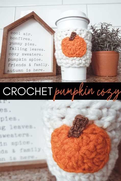 Pumpkin Coffee Cozy Crochet Pattern, Fall Crochet Gift Ideas, How To Crochet A Coffee Cozy, Crochet Pumpkin Coffee Cozy, Fall Crochet Coozie, Crochet Pumpkin Cozy, Pumpkin Crochet Coozie, Crochet Halloween Mug Cozy, Crochet Pumpkin Mug Cozy