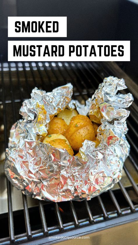 Beer mustard potatoes covered in foil on the smoker. Flavored Mustard Recipes, Yukon Potato Recipes, Mustard Potatoes, Smoked Potatoes, Beer Mustard, Bbq Appetizers, Bbq Side Dish, Bbq Dry Rub, Yukon Potatoes