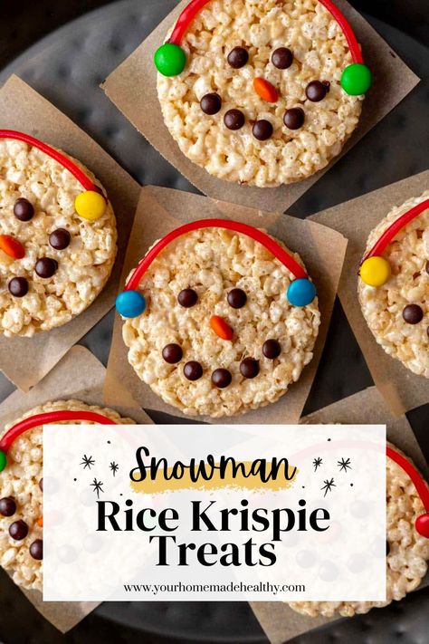 Add some holiday cheer to your winter parties this year with these no-bake Snowman Rice Krispie Treats! They're the perfect winter dessert to bring to school events, gift exchanges, and a kid-friendly snow day activity. All you need is 6 simple ingredients, plus candies for decorating! Carrot And Sweet Potato Soup, Carrot And Sweet Potato, Christmas Food Crafts, Kids Food Crafts, Winter Snack, Winter Dessert, Winter Baking, Winter Cooking, Winter Treats