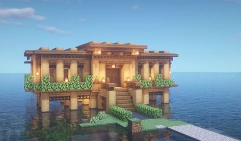 Minecraft House On Water Aesthetic, Mc Simple House, Minecraft Sea House Ideas, Lake Base Minecraft, Minecraft House Above Water, Water House Minecraft Ideas, On Water House Minecraft, Lake House Minecraft Easy, Minecraft Waterfront House