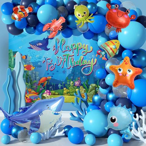 106Pcs Ocean Theme Birthday Decorations Blue Balloons Garland Arch Kit, Under The Sea Backdrop, Ocean Animals Foil Balloons for Pool Party and Beach Party Ocean Theme Birthday Party, Sea Backdrop, Under The Sea Decorations, Ocean Theme Birthday, Bawah Air, Baby Boy Shower Party, Ocean Theme Party, Ocean Birthday, Small Balloons