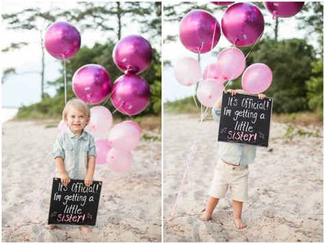 Virginia Beach Maternity Photography. Gender reveal pink balloons, chalkboard sign, big brother little sister, Angie McPherson Photography Beach Gender Reveal, Sibling Gender Reveal, Baby Gender Announcements, Gender Reveal Pictures, Baby 2 Announcement, Gender Reveal Photography, Second Baby Announcements, Baby Announcement Ideas, Pregnancy Announcement Sibling