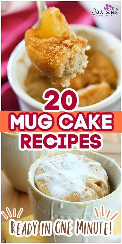 Mug cake recipes from Pint-sized Treasures are made in the microwave, ready in minutes, and only use a few ingredients! They're perfect for a late-night snack or even a date night when you and your husband want different desserts! Try these super quick, one-minute, easy cake in mug recipes today! Microwave Mug Cake Recipes, Cake In Mug, Easy Microwave Desserts, Mug Dessert Recipes, Different Desserts, Microwave Mug Cake, Microwave Mug Recipes, Mug Cake Recipes, Dessert In A Mug