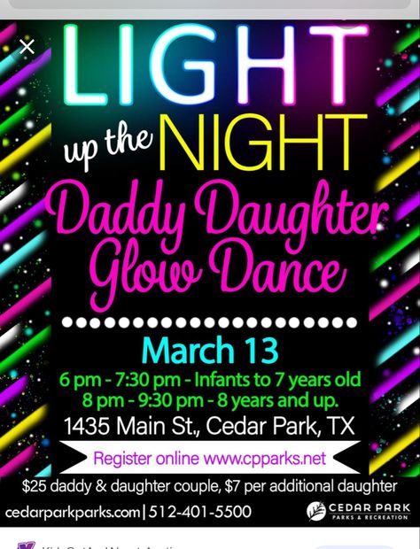 Pta Activities, Father Daughter Dance Party, Dark Father, School Dance Themes, Dance Fundraisers, Glow Dance, School Dance Ideas, Cedar Park Texas, Dance Themes