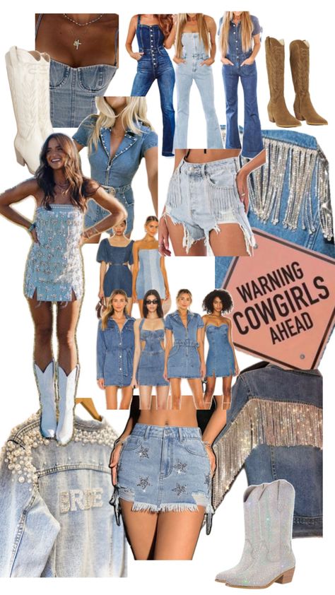 Denim Bachelorette Party, Denim Themed Party Outfit, Western Bachelorette Party Outfits, Denim Cowgirl Outfit, Bachelorette Party Outfit Themes, Denim And Diamonds Party Outfit, Nashville Bachelorette Party Outfit, Denim Party Outfit, Cowgirl Bachelorette Party Outfits