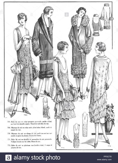 Download this stock image: Original 1920s Art Deco French Fashion  illustrations. Beautiful Flapper dresses, coats, hats.  Ephemera from French fashion catalogue. - PPGCT8 from Alamy's library of millions of high resolution stock photos, illustrations and vectors. 1920s Coat, Fashion Presentation, Dresses Coats, Colombian Fashion, Presentation Techniques, Flapper Dresses, French Women Style, French Dress, 1920s Flapper Dress