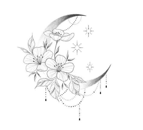 Feminine Moon Tattoo Designs, Moon And The Stars Tattoo, Tattoo Moon And Flowers, Angel Moon Tattoo, Witchy Moon Tattoo, Floral Moon Tattoo, Unique Moon Tattoo, Birth Tattoo, Cute Thigh Tattoos