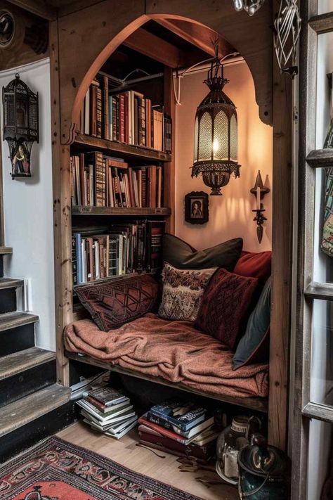 84 Gothic-Mediterranean Reading Nooks with Old-World Charm (Concept Interiors) Book Nook Design, Fantasy Inspired Home, Library Nook Home, Antique Reading Nook, Old World Library Decor, Weird Nook Ideas, Moody Book Nook, Spooky Reading Nook, Cottage Vibe House