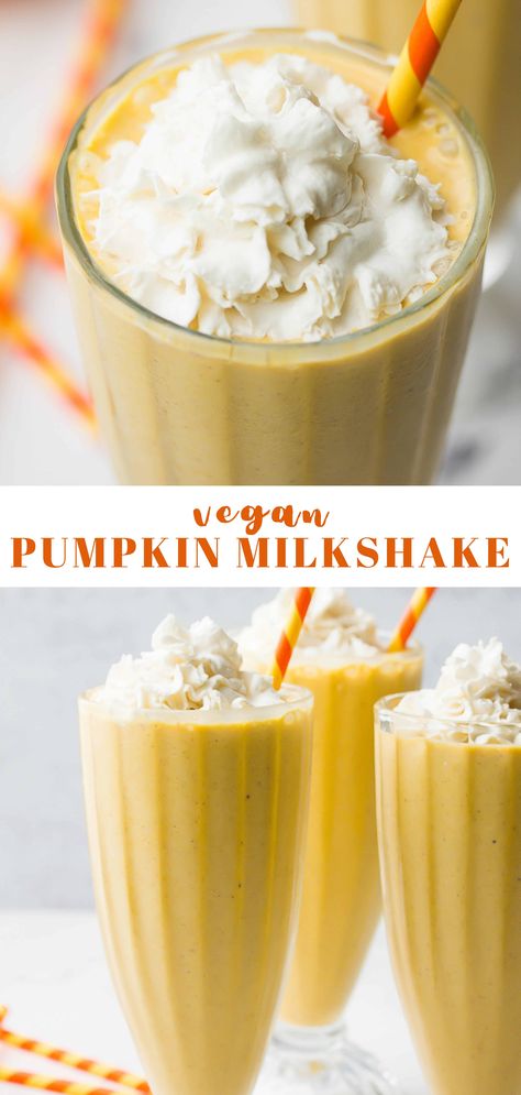 Pumpkin pie in a milkshake, and it’s totally dairy free! This silky smooth vegan milkshake is just perfect for Fall! #vegan #dairyfree Vegan Holiday Drinks, Vegan Milkshake, Pumpkin Pie Shake, Pumpkin Milkshake, Pie Milkshake, Dairy Free Pumpkin Pie, Vegan Drinks Recipes, Vegan Shakes, Dairy Free Pumpkin