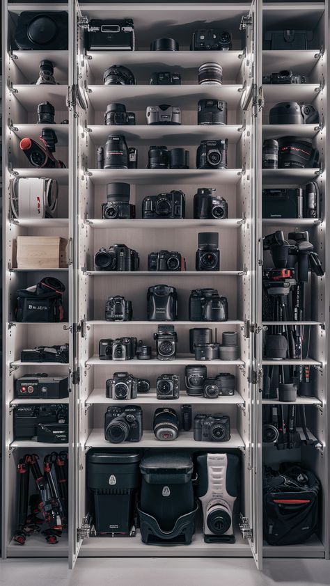 📸 Customize your storage with a photography gear cabinet featuring adjustable shelving. This flexible design supports varied camera storage needs and enhances camera gear organization according to your preferences. #PhotographyGearCabinet #CameraStorage #CameraGearOrganization Photography Gear Storage Cabinet, Camera Equipment Storage, Photography Gear Storage, Camera Organization, Camera Gear Organization, Gear Organization, Photography Studio Setup, Media Studio, Film Equipment