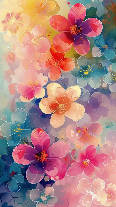 Art And Craft Background, Flowers Pattern Illustration, Flowers Background Wallpapers, Wallpaper For Phone Aesthetic, Spring Phone Wallpapers, Coloring Aesthetic, Vibrant Backgrounds, Colourful Aesthetic, Spring Flowers Wallpaper