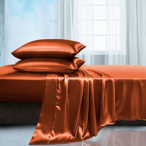 PRICES MAY VARY. 🌺[ Luxury Bed Sheet Spree ]: Three-piece set of Manyshofu sheets. Each includes a twin fitted sheet(39"x75"+15"), a twin flat sheet(66"x96"), a pillowcase(20x30"). This amazing bed spree is not only practical on your own, but can also be given as a holiday gift to a loved one to accompany you and your loved ones like a friend. 🌺[ Ingenious Production ]: Satin sheets are made from top-spec satin fabrics that are as soft as silk. It has to be said that it is very smooth and skin Satin Bed Sheets, Satin Bed, Luxury Bed Sheets, Silk Sheets, Satin Pillow, Satin Bedding, Satin Sheets, Orange Satin, King Sheets