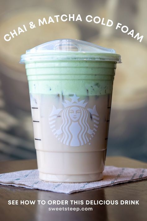 Starbucks iced chai tea latte topped with layer of matcha cold foam. Matcha Chai Latte Recipe, Starbucks Iced Chai Tea Latte Recipe, Matcha Cold Foam, Iced Chai Latte Recipe, Matcha Latte Starbucks, Chai Latte Starbucks, Chai Tea Latte Starbucks, Chai Tea Latte Recipe, Matcha Tea Latte