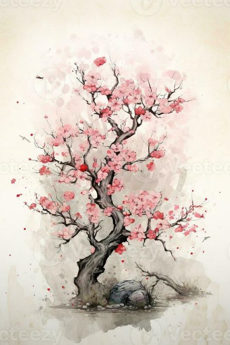 Asian Art Painting, Sakura Watercolor Painting, Japanese Tree Art, Japanese Sakura Art, Sakura Tree Drawing, Japanese Art Drawing, Japanese Watercolor Paintings, Sakura Tree Painting, Japanese Watercolor Art