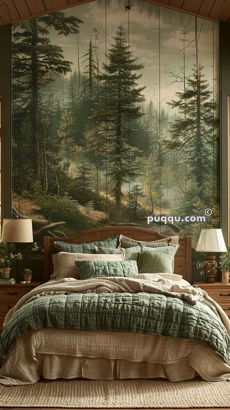 Mural Wallpaper Nature, Forest Bedroom Theme, Nature Bedroom Ideas Forests, Forest Cabin Interior, Wallpaper Ideas For Bedroom, Cabin Themed Bedroom, Forest Interior Design, Forest Themed Bedroom, Healthy Bedroom